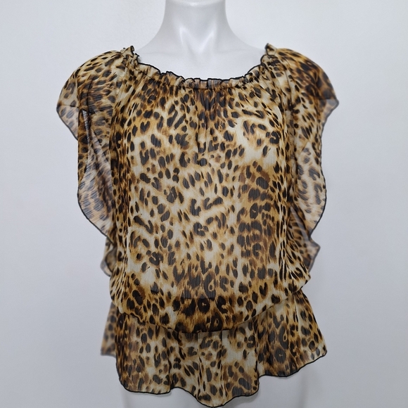 La8ter Brown Tan Animal Print Mobwife Pin Up Ruffle Cap Sleeve Blouse Size L - Picture 1 of 13